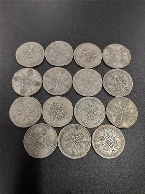 Lot 222 - CATALOGUE AMENDMENT - there are crowns or half crowns in this lot. Collection of British crowns, Florins, two Shillings, one Shillings and three then Shilling notes.