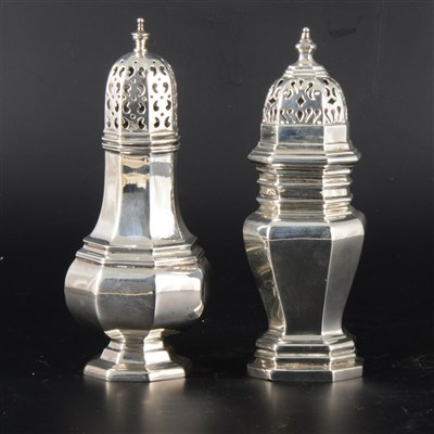 Lot 117 - Two silver sugar casters, one by Walker & Hall, the other Harrods.