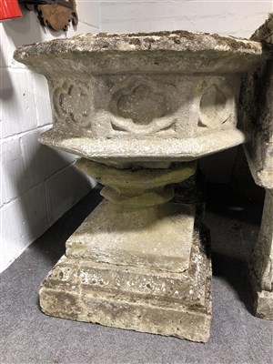 Lot 730 - A pair of Haddonstone gothic style pedestal urns