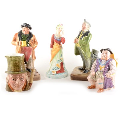 Lot 21 - Two Bretby Pottery Dickens figures, Royal Doulton figurines, toby jugs, three cabinet plates.