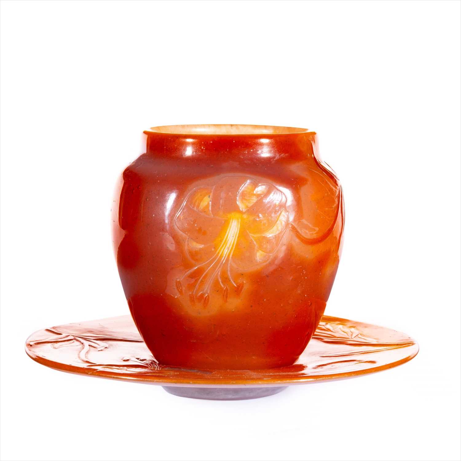 Lot 109 - A wheel carved and fire-polished cameo glass vase and stand, by Emile Gallé.