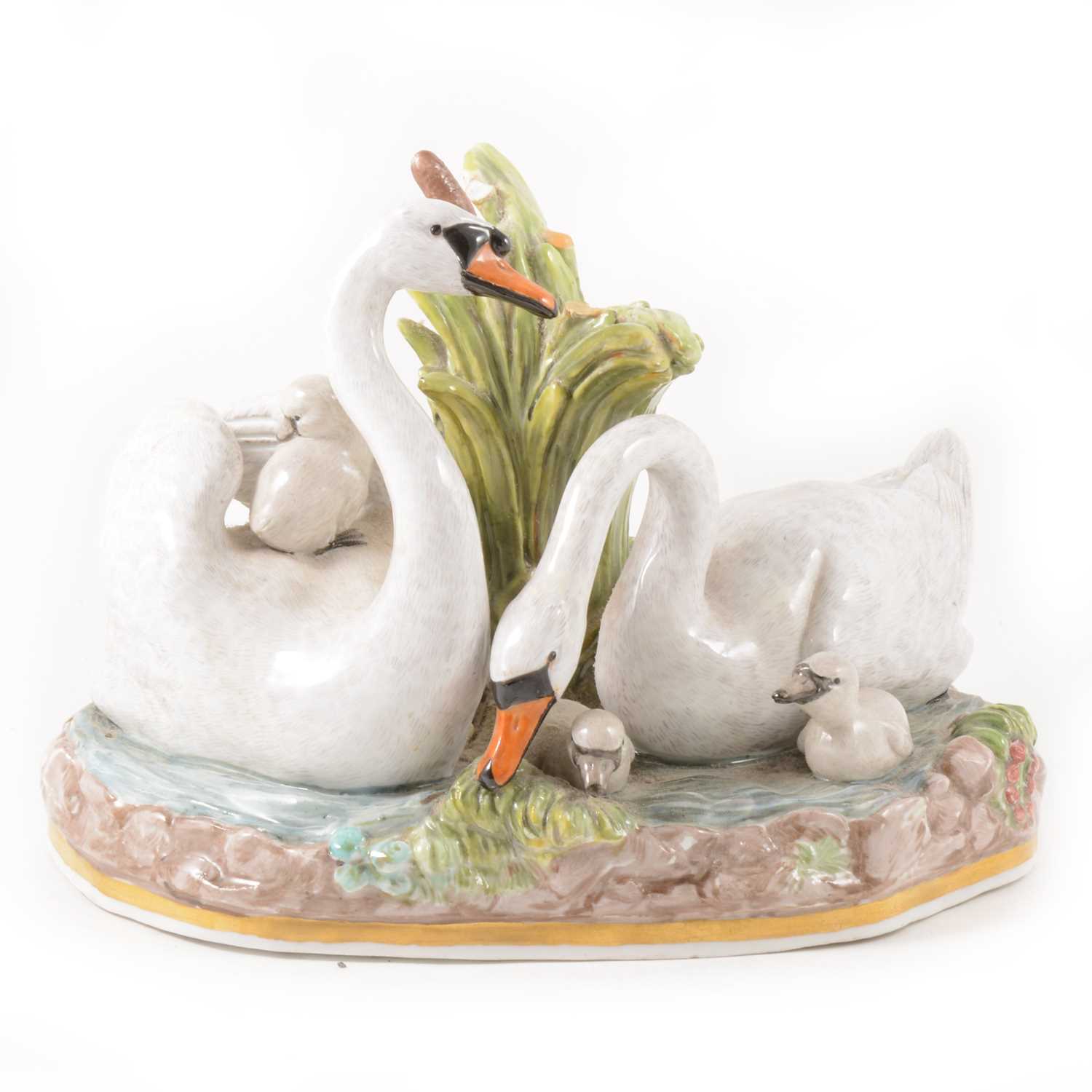 Lot 40 - A large Meissen porcelain group of swans and cygnets on a pond