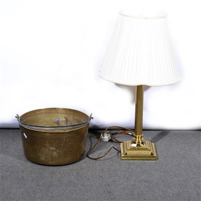 Lot 162 - A brass jam pan and a lacquered brass table lamp.