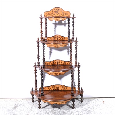 Lot 466 - Victorian rosewood and marquetry four-tier bowfront whatnot