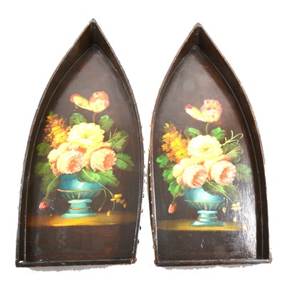 Lot 123 - Pair of handpainted trays, pointed arch form