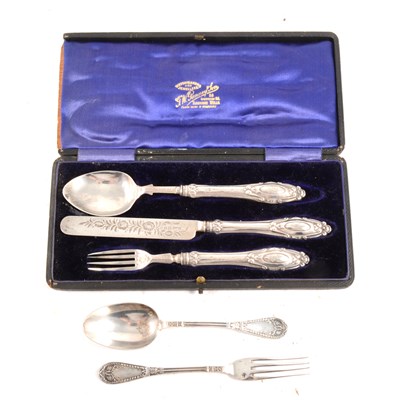 Lot 189 - A Victorian silver knife, fork and spoon set, and a continental white metal spoon and fork.