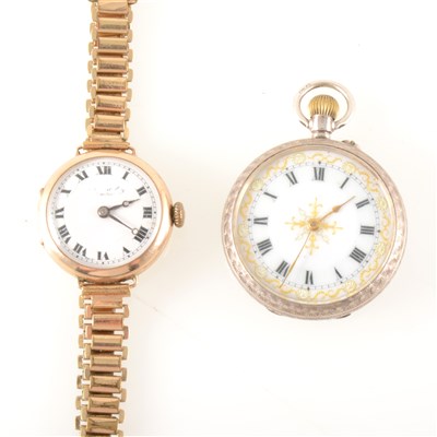 Lot 306 - A silver fob watch and a 9 carat wrist watch. with gold-plated bracelet.