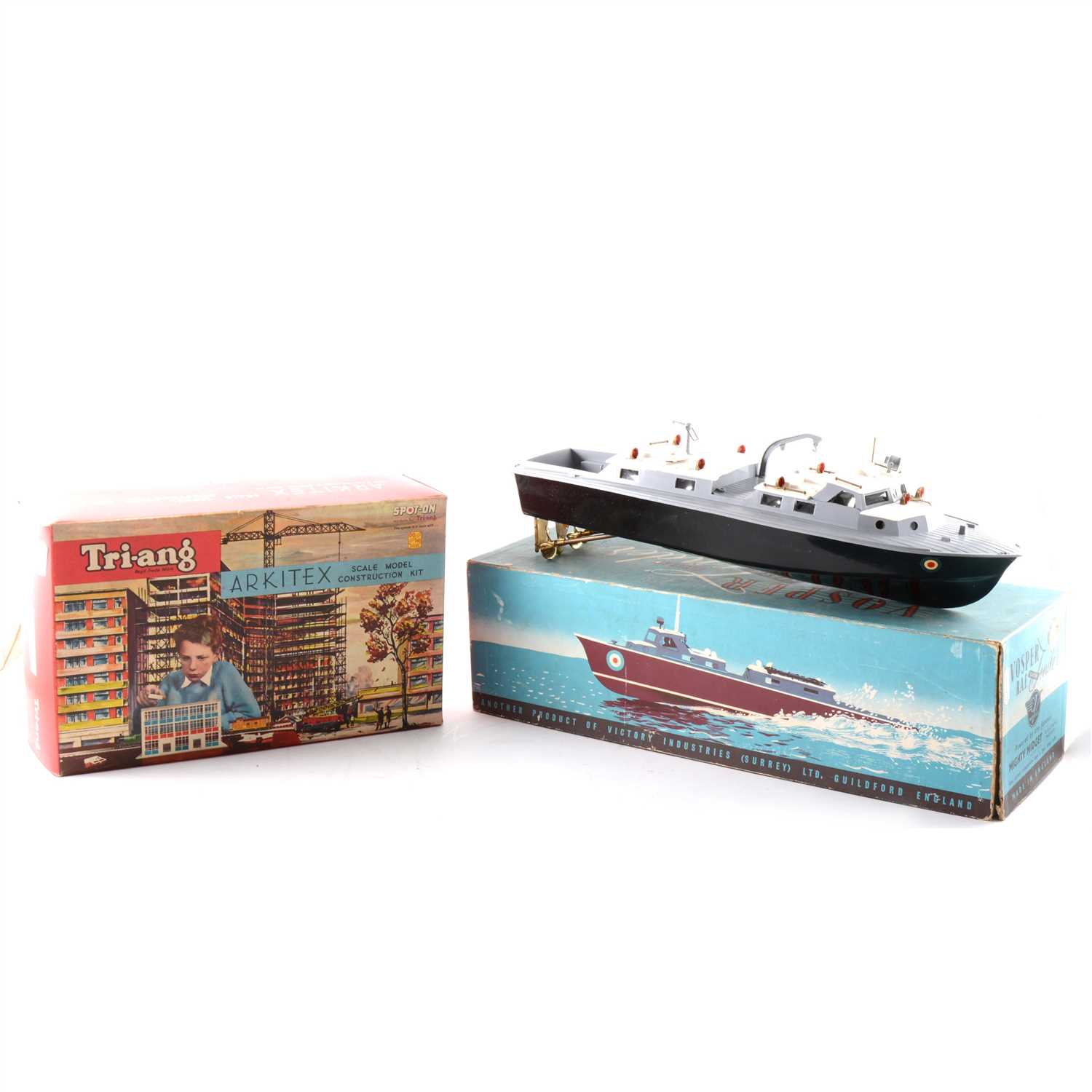 Lot 161 - Tri-ang Spot-In Arkitex set no.B, with loose parts, and a Victory Models Vosper model RAF boat, boxed.