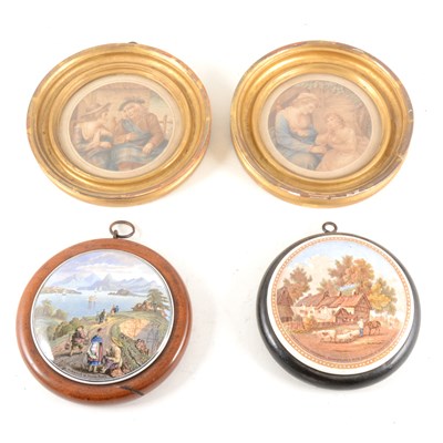 Lot 104 - Two framed pot lids and two engravings after Shelley.