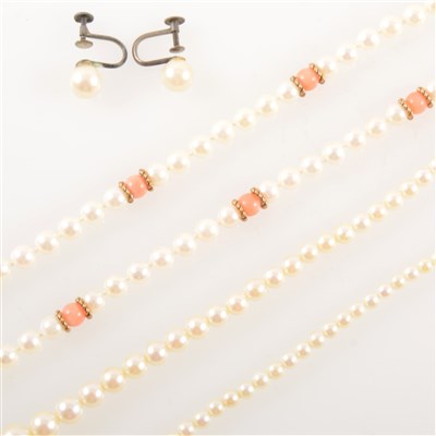 Lot 409 - Two cultured pearl necklaces and pair of pearl earscrews.