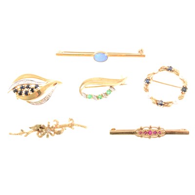 Lot 373 - Six small modern 9 carat gold brooches set with various stones.