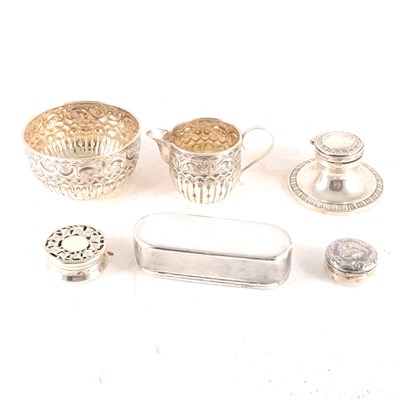 Lot 257 - A Victorian silver tobacco box, Birmingham 1891, and other small items of silver and white metal