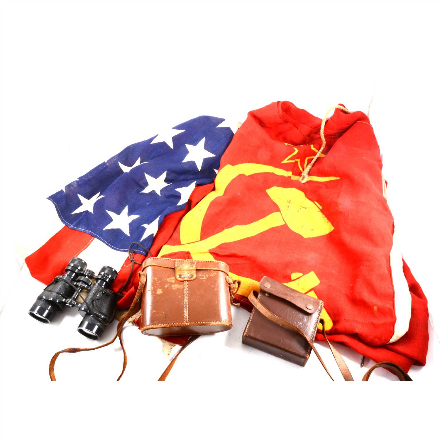 Lot 136 - A vintage American and a Soviet flag, copper scuttle, pair of Denhill binoculars, and voltmeter.