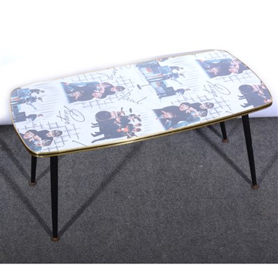 Lot 641 - Retro 1960s coffee table; with The Beatles print by Crown to the top