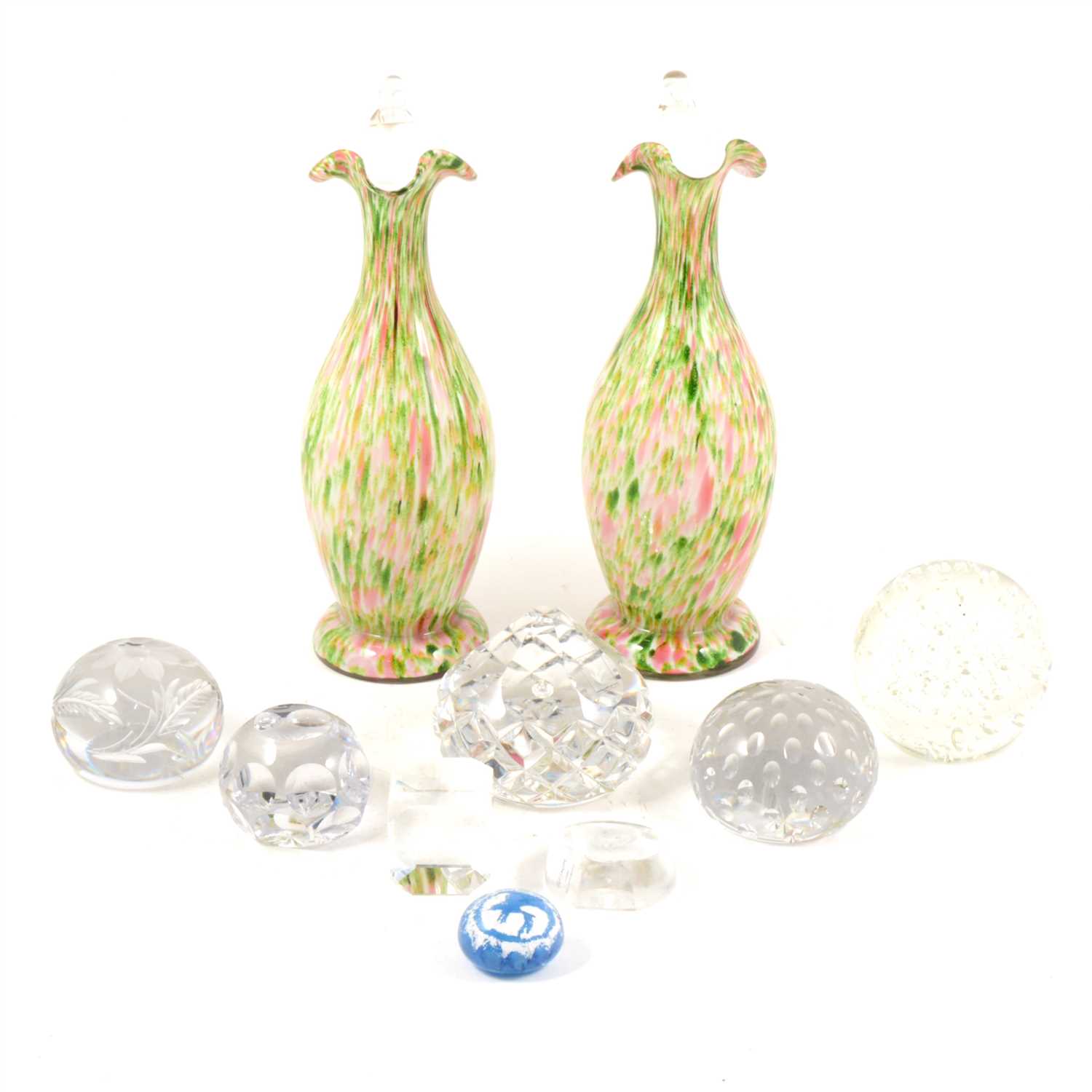 Lot 46 - A pair of flecked glass vases with handles, ...