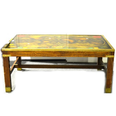 Lot 379 - Contemporary mahogany coffee table, the top inset with a printed map, brass mounts, 103cm.