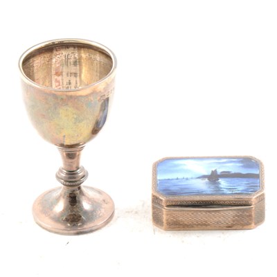 Lot 435 - A silver and enamelled snuff box and a silver egg cup.