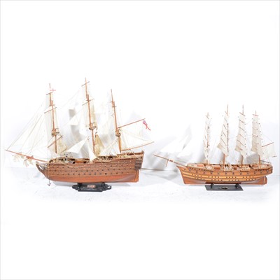 Lot 576 - Two large model ships; scratch-built with rigging and sales, Nelson's 'Victory' one stand, 120cm, and one other, 98cm.