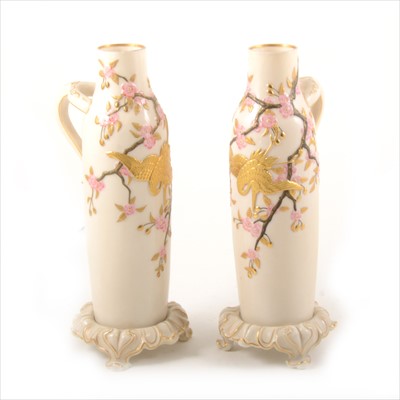 Lot 56 - A pair of Royal Worcester ornamental ewers, 1873-74, ...