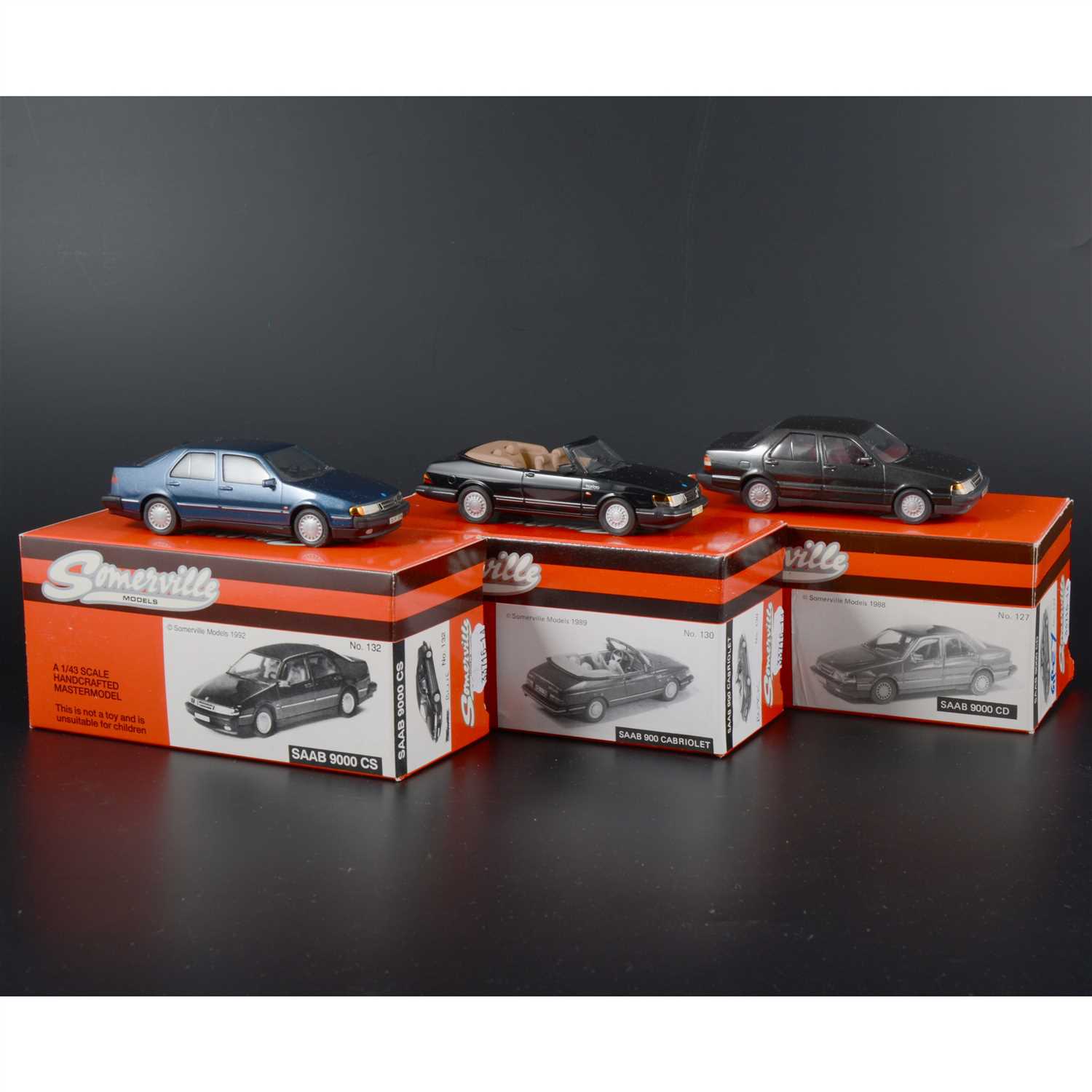 Lot 321 - Somerville 1:43 scale white metal models; no.127 Saab 9000CD in grey, no.130 Saab 900 Cabriolet in black, no.132 Saab 9000 CS in blue, all boxed
