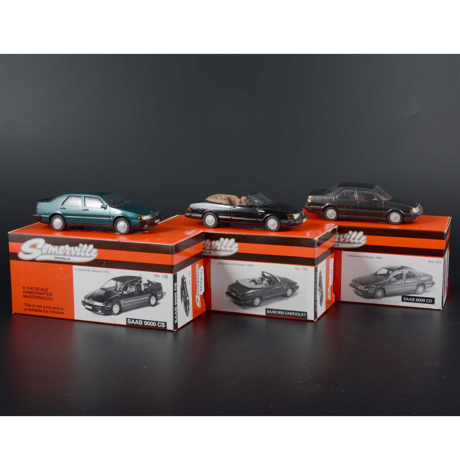 Lot 264 - Somerville 1:43 scale white metal models; no.127 Saab 9000CD in grey, no.130 Saab 900 Cabriolet in black, no.132 Saab 9000 CS in green, all boxed