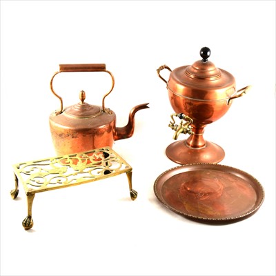 Lot 101 - A Victorian copper kettle, copper samovar, warming pan, trivet and tray.