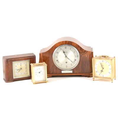 Lot 108 - A walnut cased mantel clock, 1930s, by Garrard, another mantel clock and two carriage clocks.
