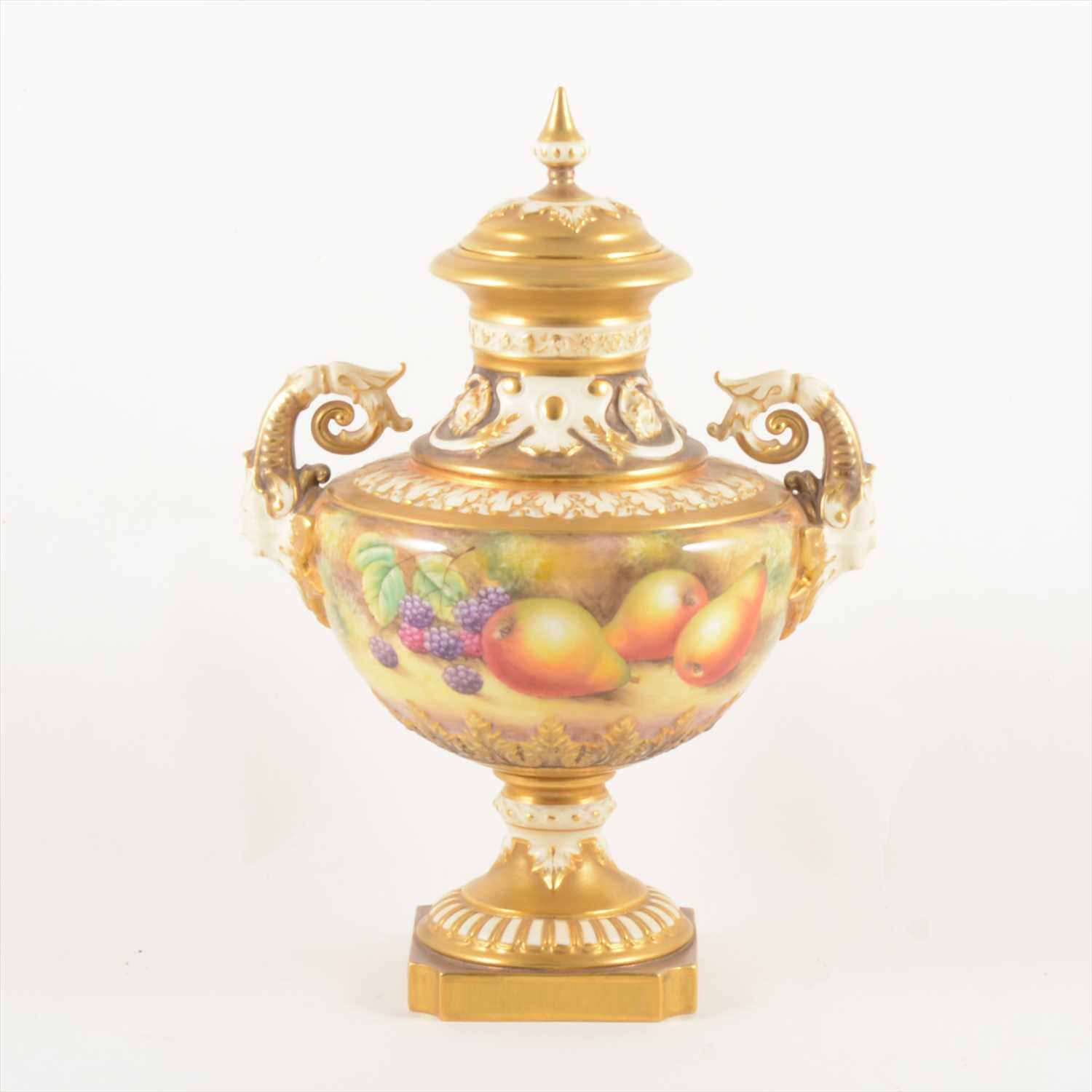 Lot 510 - Royal Worcester fruit painted pedestal vase, by John Smith