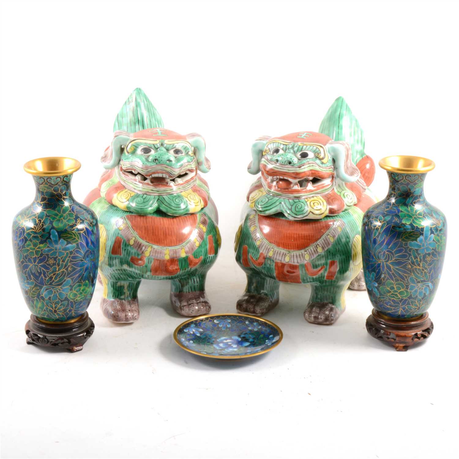 Lot 16 - Pair of modern Chinese temple lions, and three pieces of modern cloisonné.
