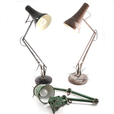 Lot 454 - Wall/ worktop mounted green enamel industrial angle-poise lamp, and two others.
