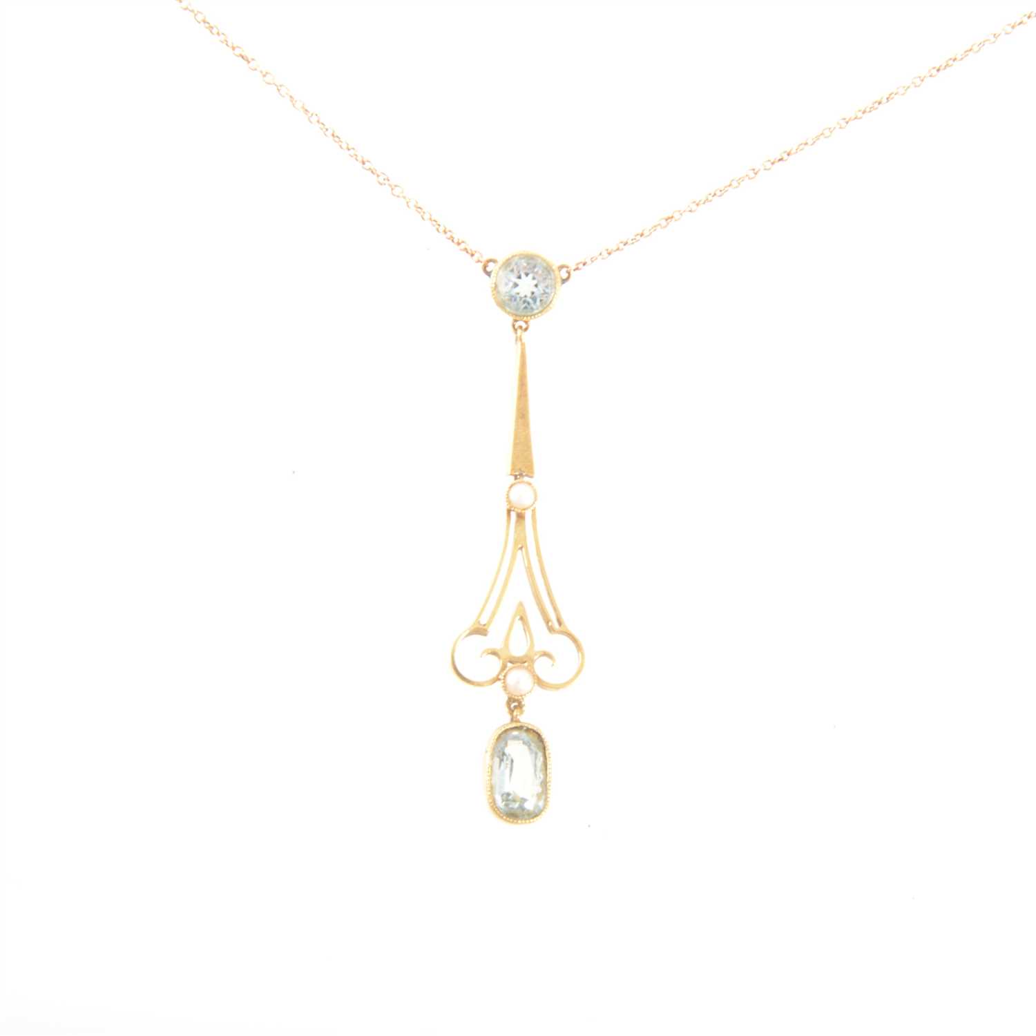 Lot 183 - An Edwardian aquamarine and seed pearl pendant.