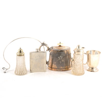 Lot 194 - Silver topped caster, three old Sheffield plate mugs, and other metal wares.