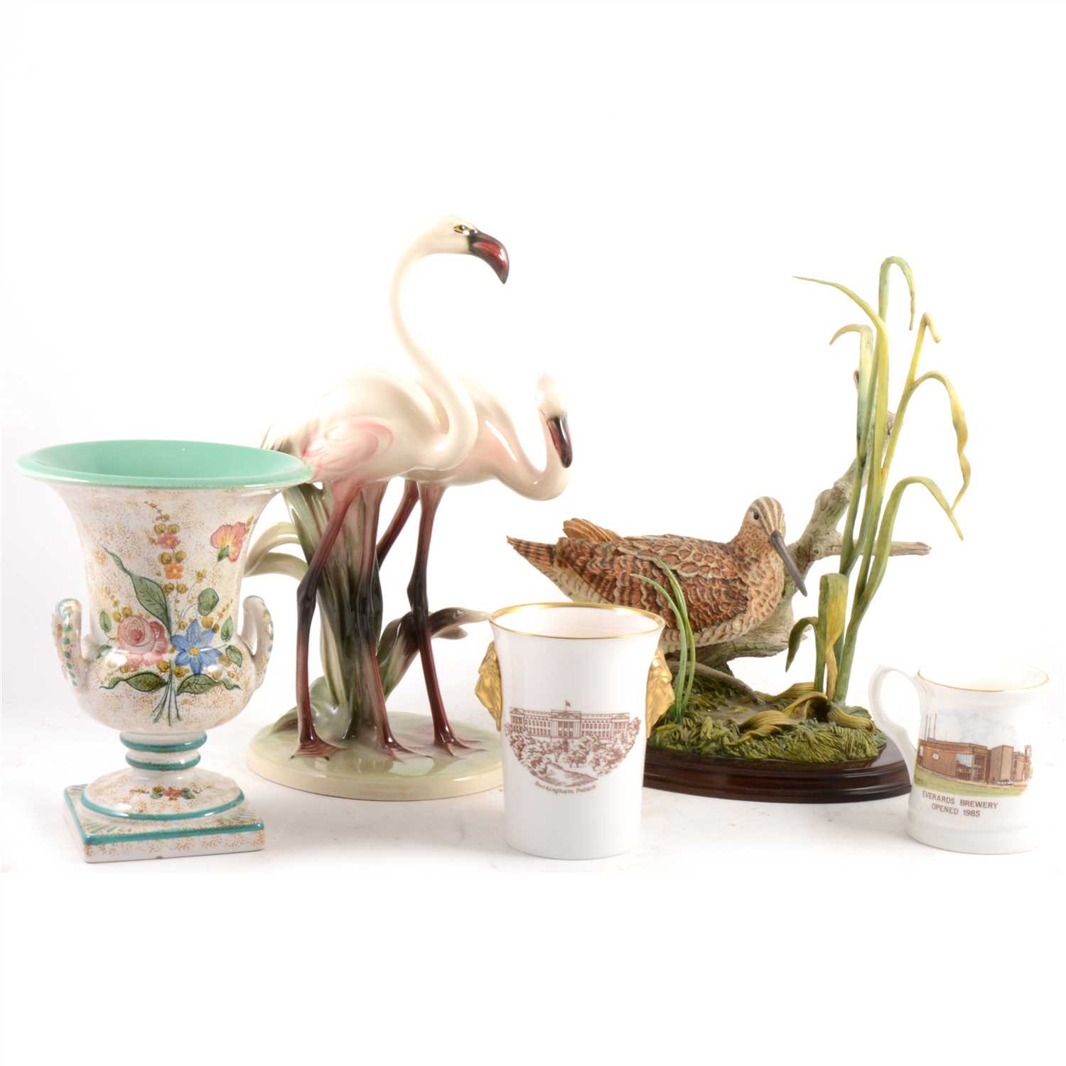 Lot 49 - Country Artists 'Snipe in Water with Reeds', Continental pottery group of Flamingos, etc