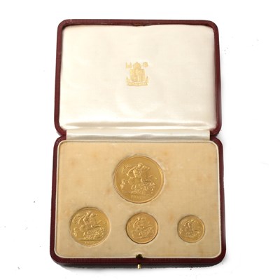 Lot 397 - 1937 Specimen four coin set boxed - George VI Five Pound Coin, Double Sovereign, Full Sovereign, Half Sovereign.