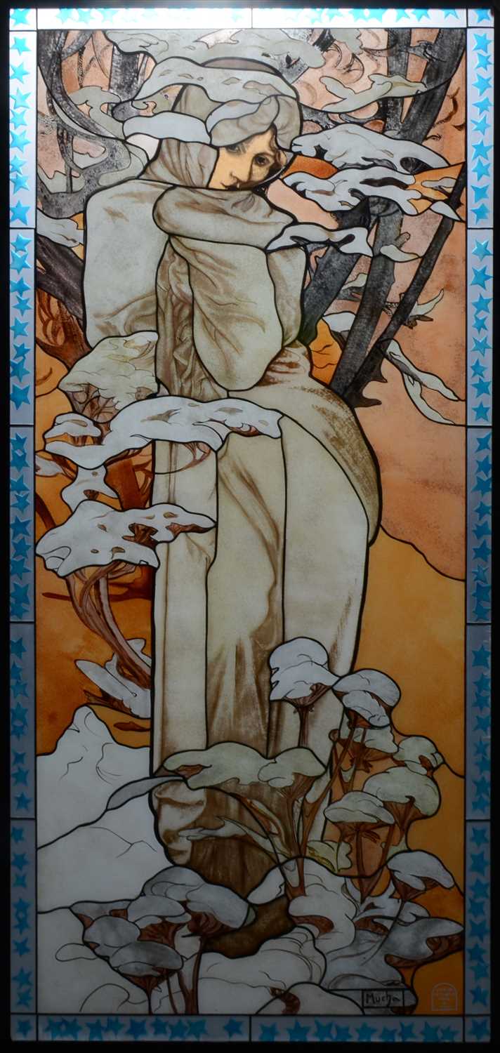 Lot 102 - A large stained glass panel, after Mucha, by Vitrum Vetruria, probably 1970s