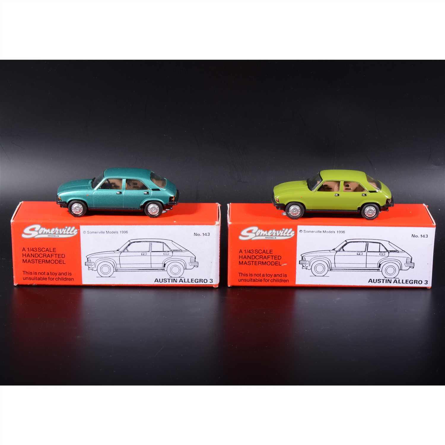 Lot 411 - Somerville 1:43 scale white metal model; no.143 two Austin Allegro 3, in turquoise and applejack, boxed