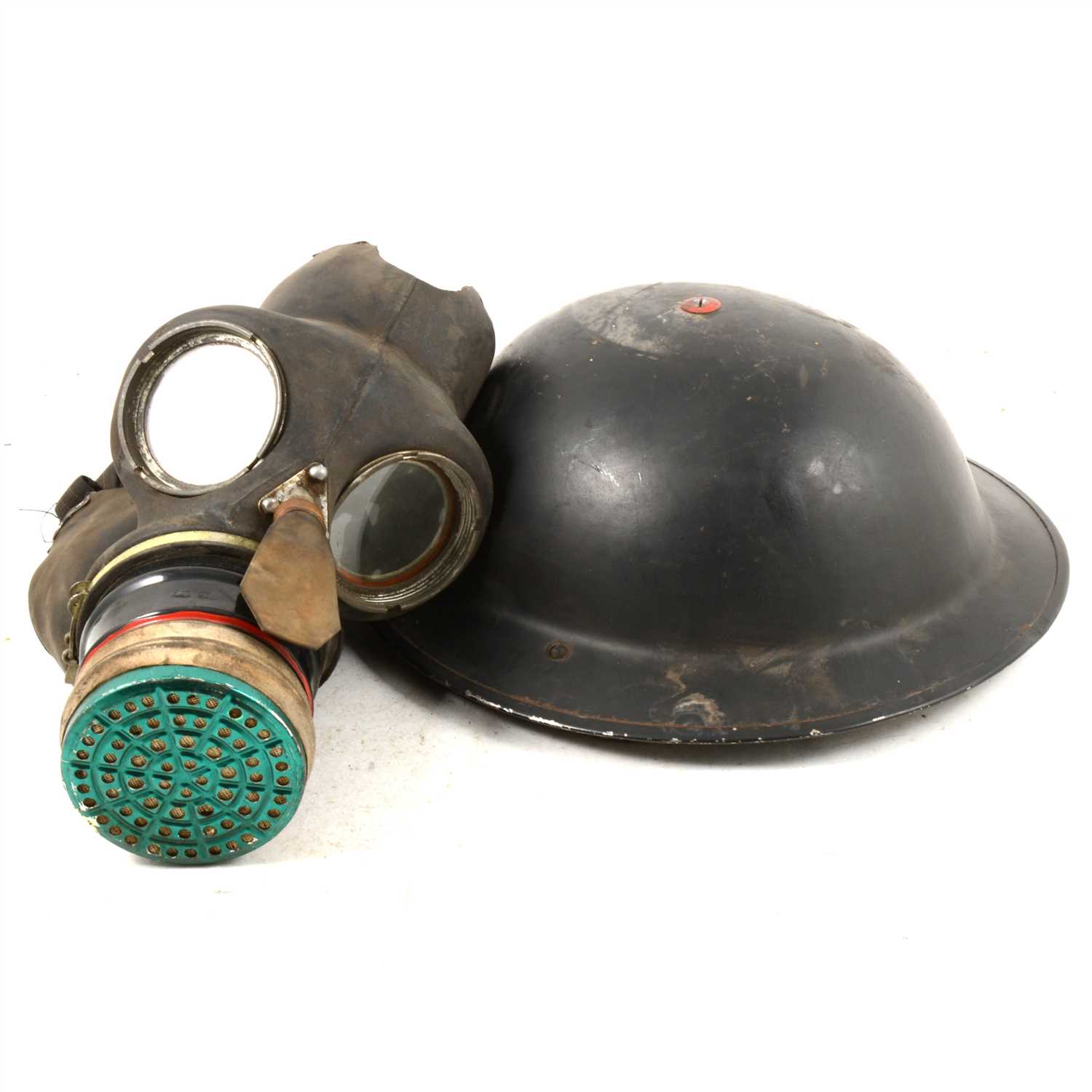 Lot 141 - WWII Fire Wardens steel helmet and gas mask, (2).