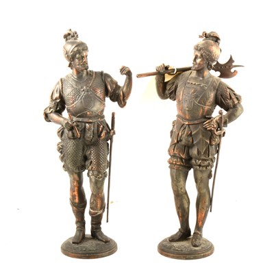 Lot 156 - Pair of coppered metal figures of armoured men,...