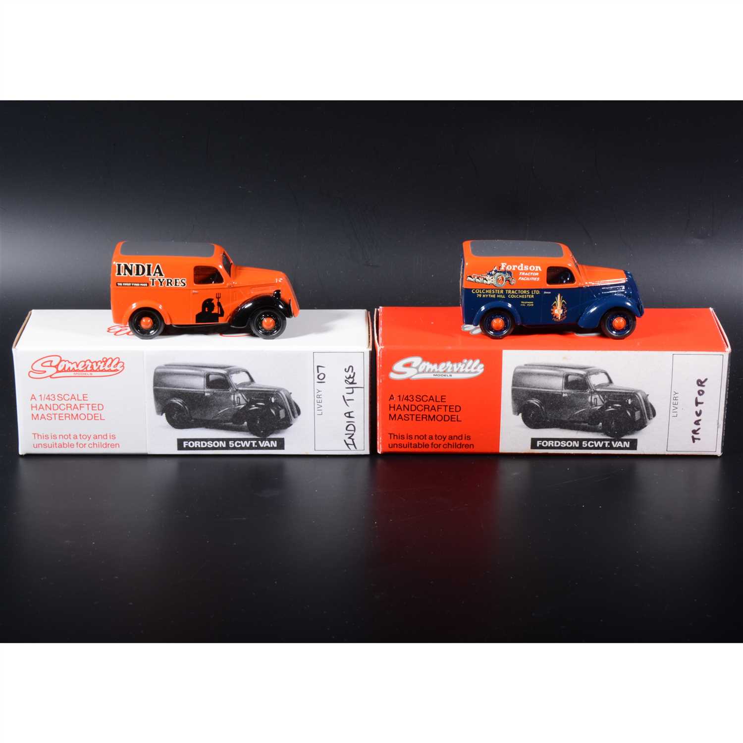 Lot 253 - Somerville 1:43 scale white metal models; two Fordson 5CWT Van, with 'India Tyres' and 'Fordson Tractor' transfers, boxed