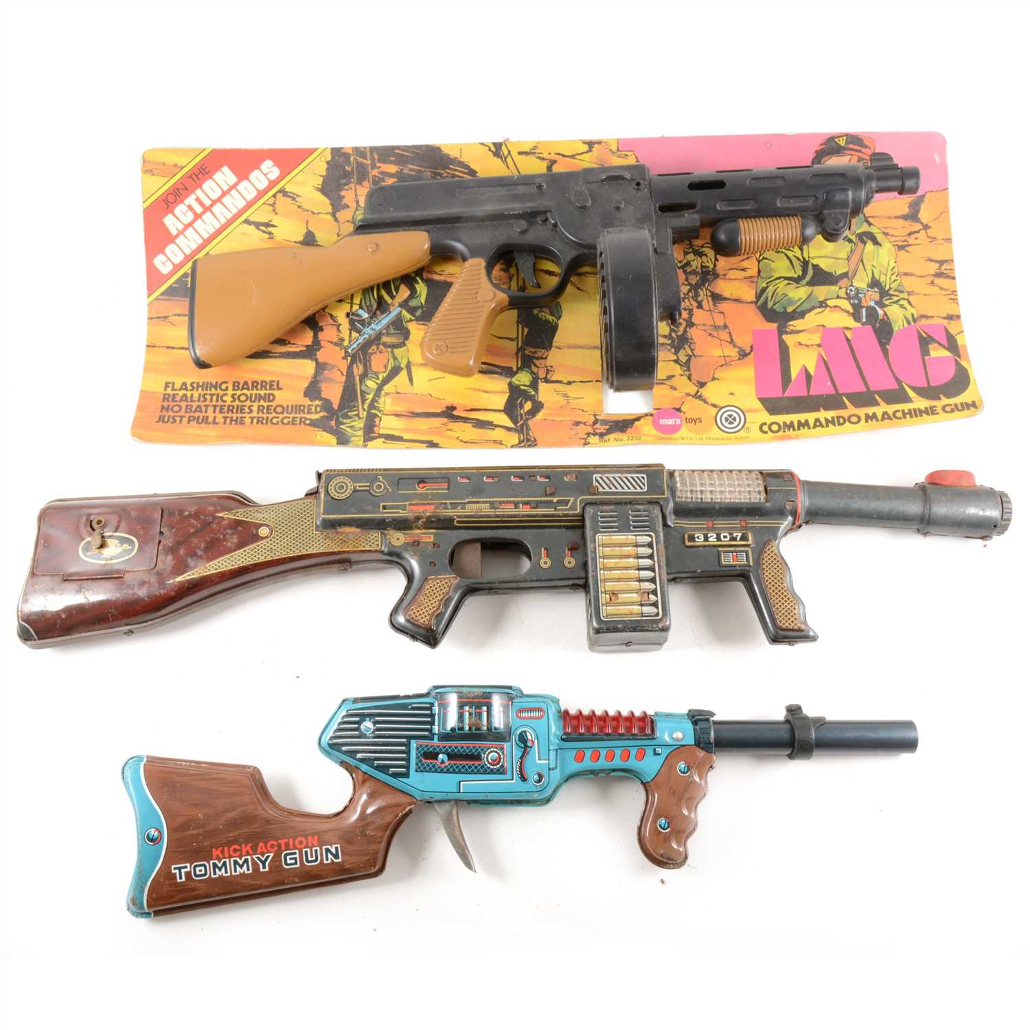 Lot 132 - Three toy plastic and tin-plate guns, by Marx, TM and Action toys