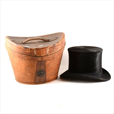 Lot 208 - Black silk top hat, leather case.