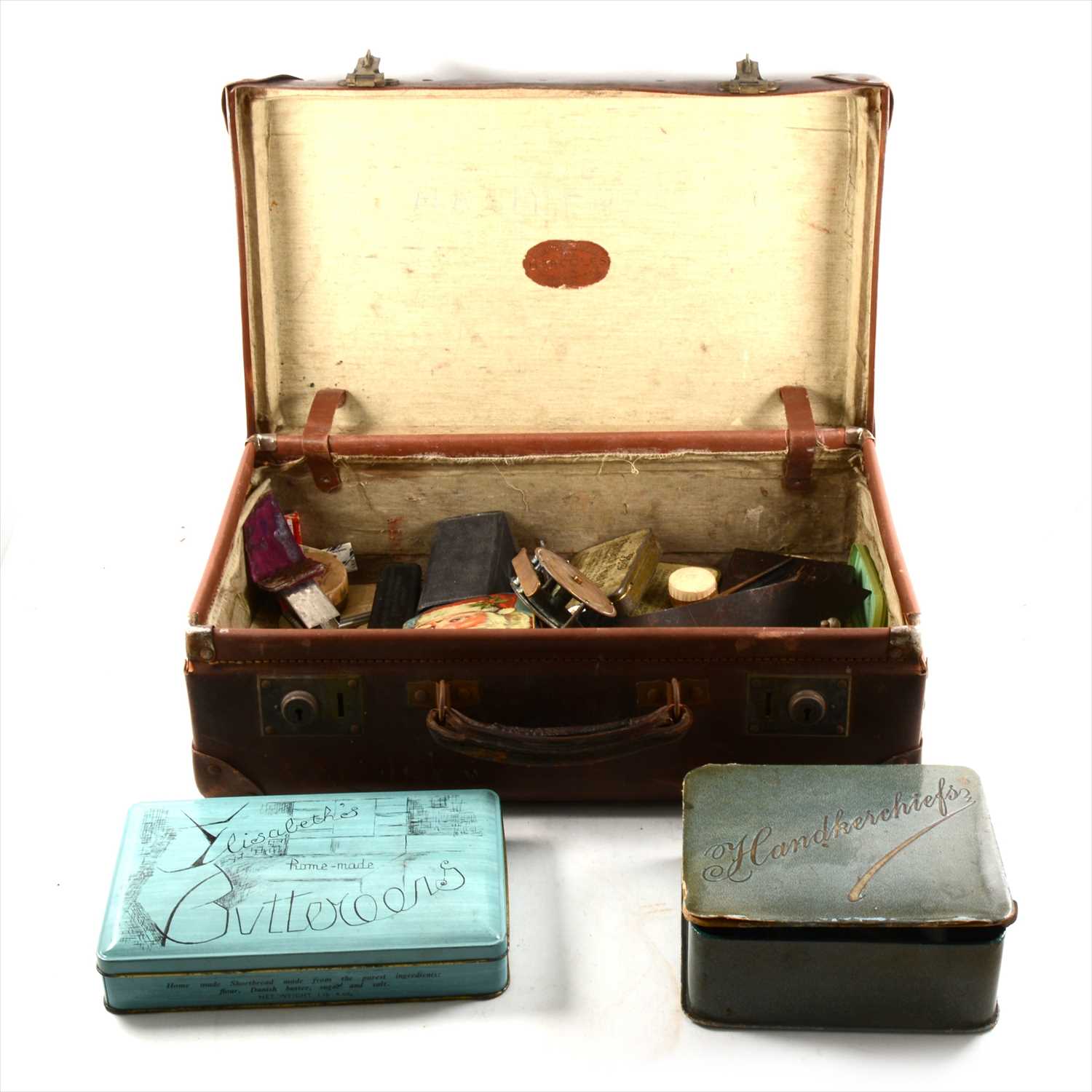 Lot 259 - Small case, tins, brass trout fly fishing reel.