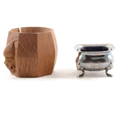 Lot 433 - Robert "Mouseman" Thompson napkin ring and a silver salt with spoon