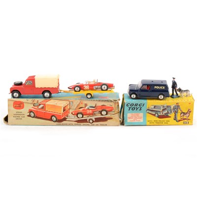 Lot 248 - Corgi Toys; Gift Set 17 Land Rover with Ferrari racing car on trailer, no.448 BMC Mini Police van with man and dog, both boxed, (boxes a/f).
