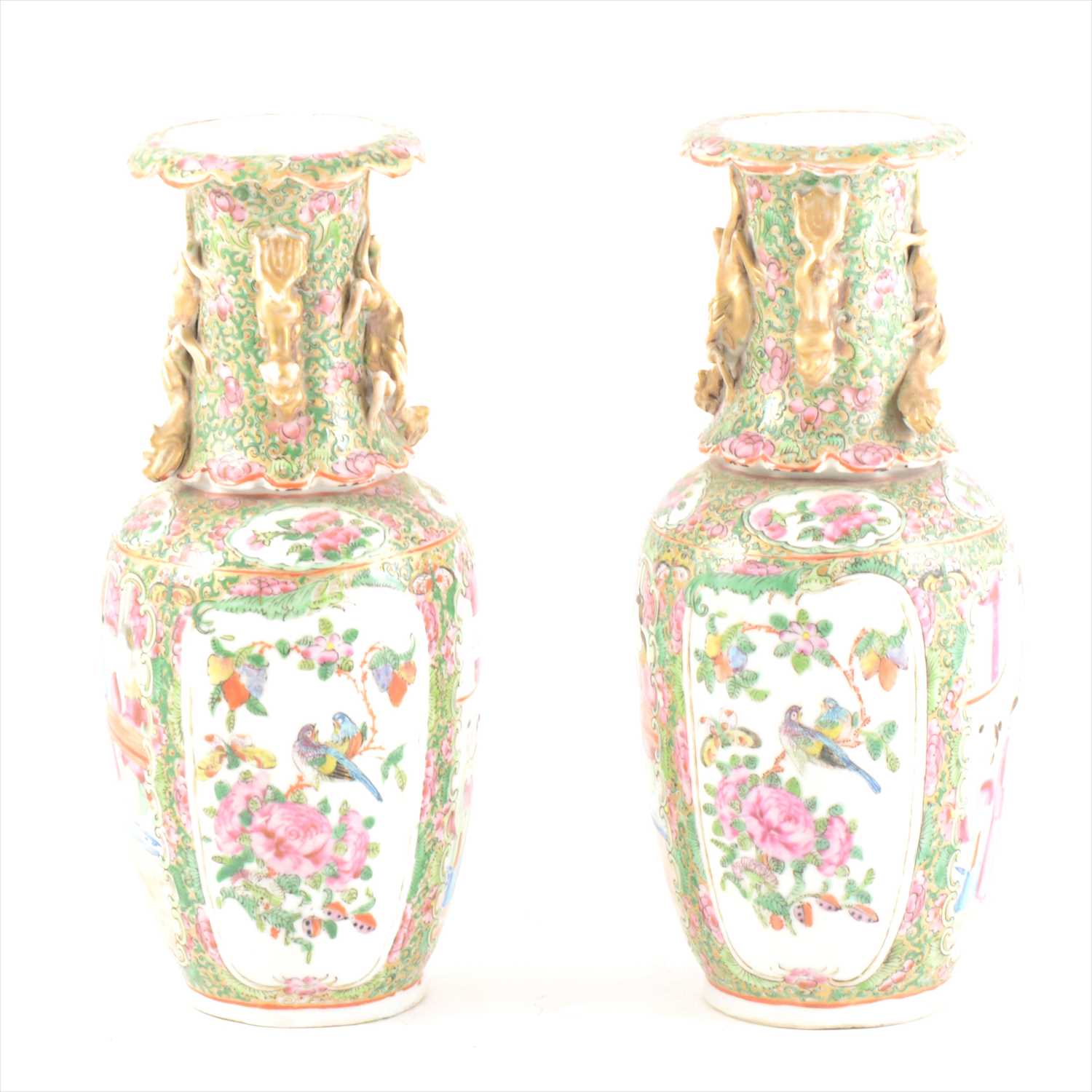 Lot 60 - Pair of small Cantonese famille rose vases