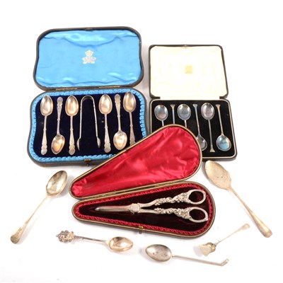 Lot 199C - A cased set of six silver teaspoons and nips by Elkington, and other silver flatware