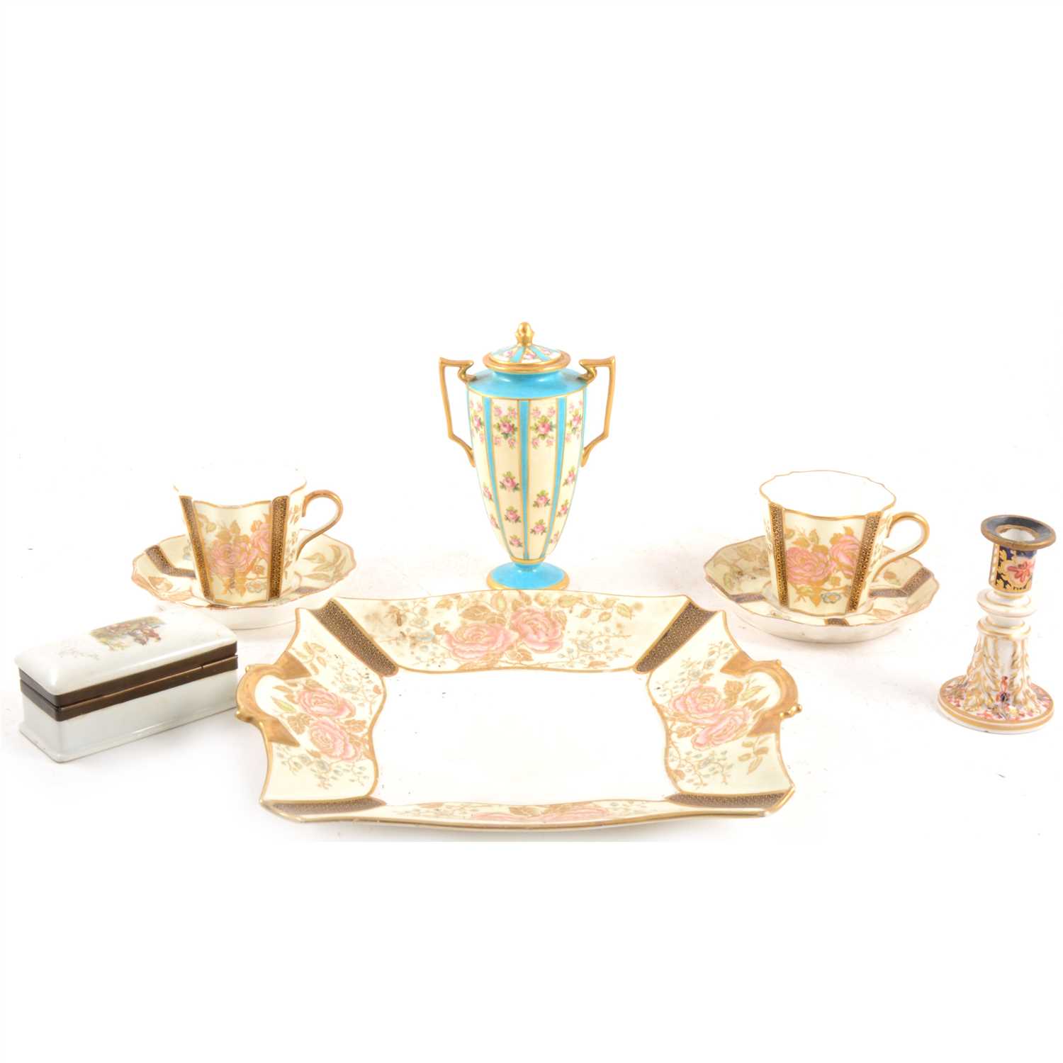 Lot 95 - Wedgwood part tea service, pair of Crown Derby covered vases, Crown Derby candle-stand, etc