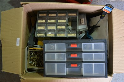 Lot 458 - One box of assorted hardware and handtools