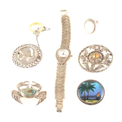 Lot 197 - A collection of silver and white metal jewellery, brooches, pendants, rings, collectables.