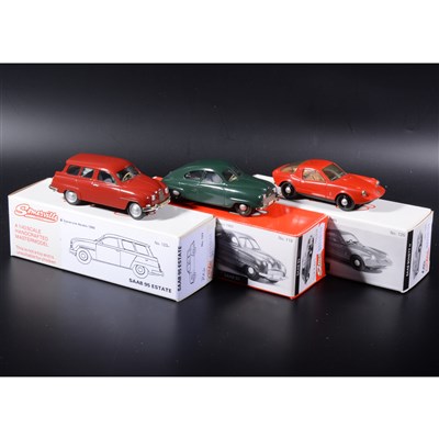 Lot 519 - Somerville 1:43 scale white metal models; no.123 Saab 95 Estate in red, no.119 Saab 92 in green, no.125 Saab Sonett II in red, boxed.